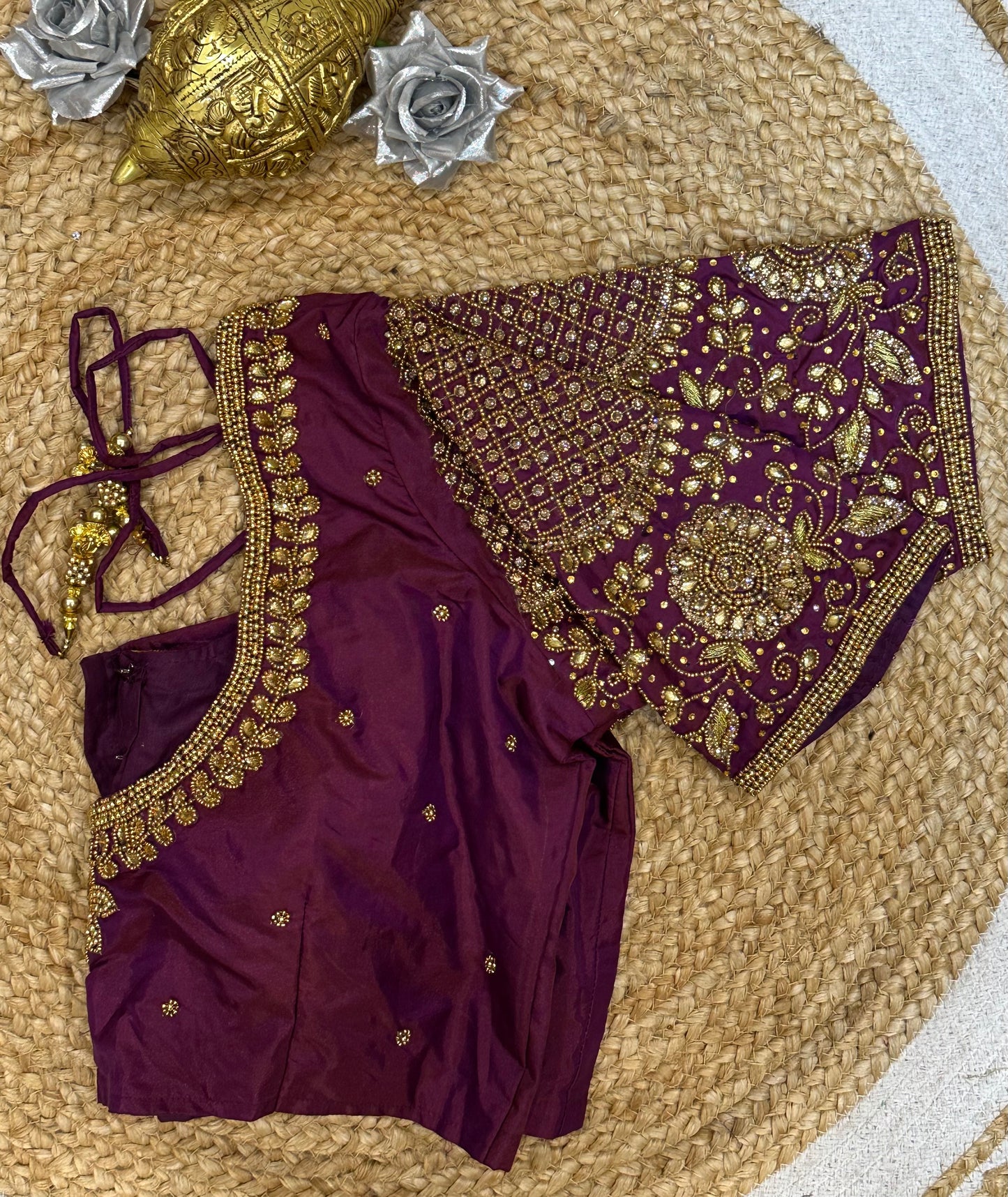 38” M Size 8 Aari Worked Sari Blouse Indian Saree Top Plum B174