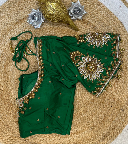 34” XS Aari Worked Sari Blouse Indian Saree Top Silk Green B120