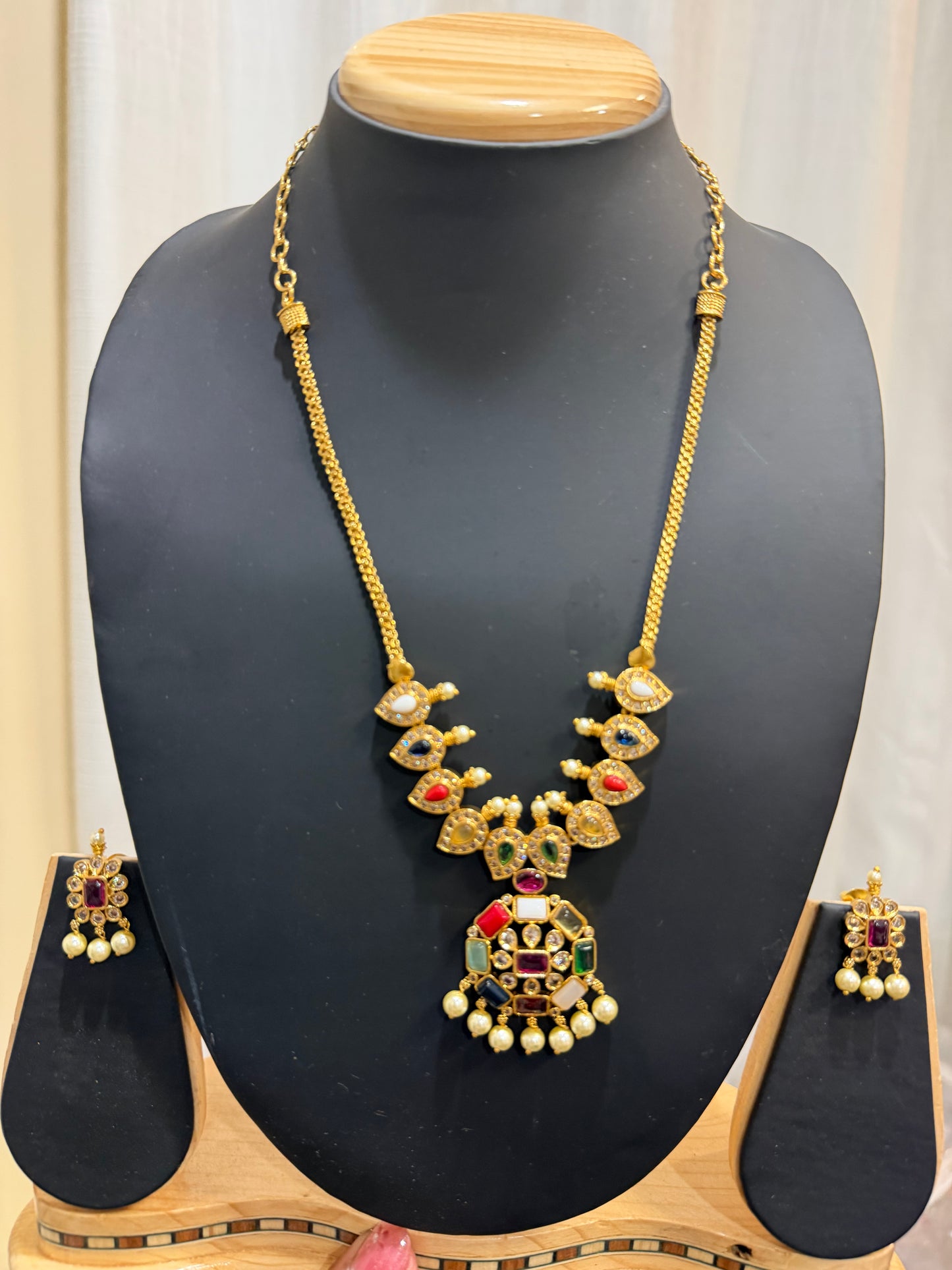 Navaratna Indian Necklace & Earrings Temple Jewellery Set N89