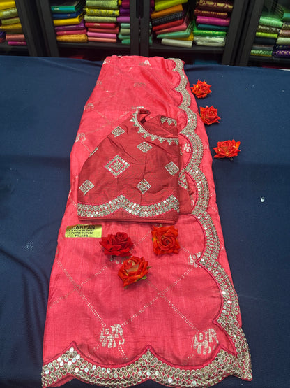 Watermelon Pink Fancy Party wear Sari Indian Saree Blouse Combo S86