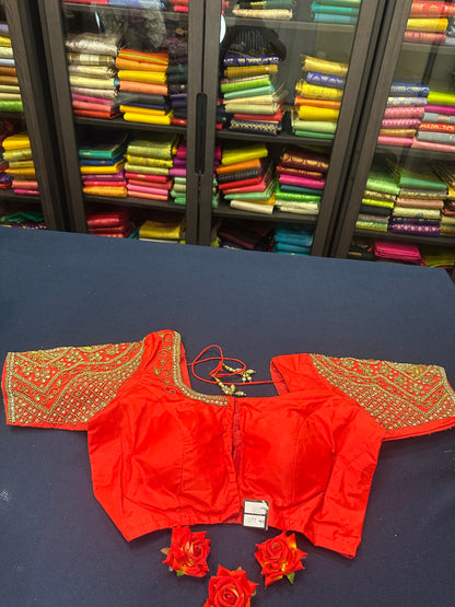 40” Aari hand Worked Sari Blouse Indian Top Choli Silk Red B18
