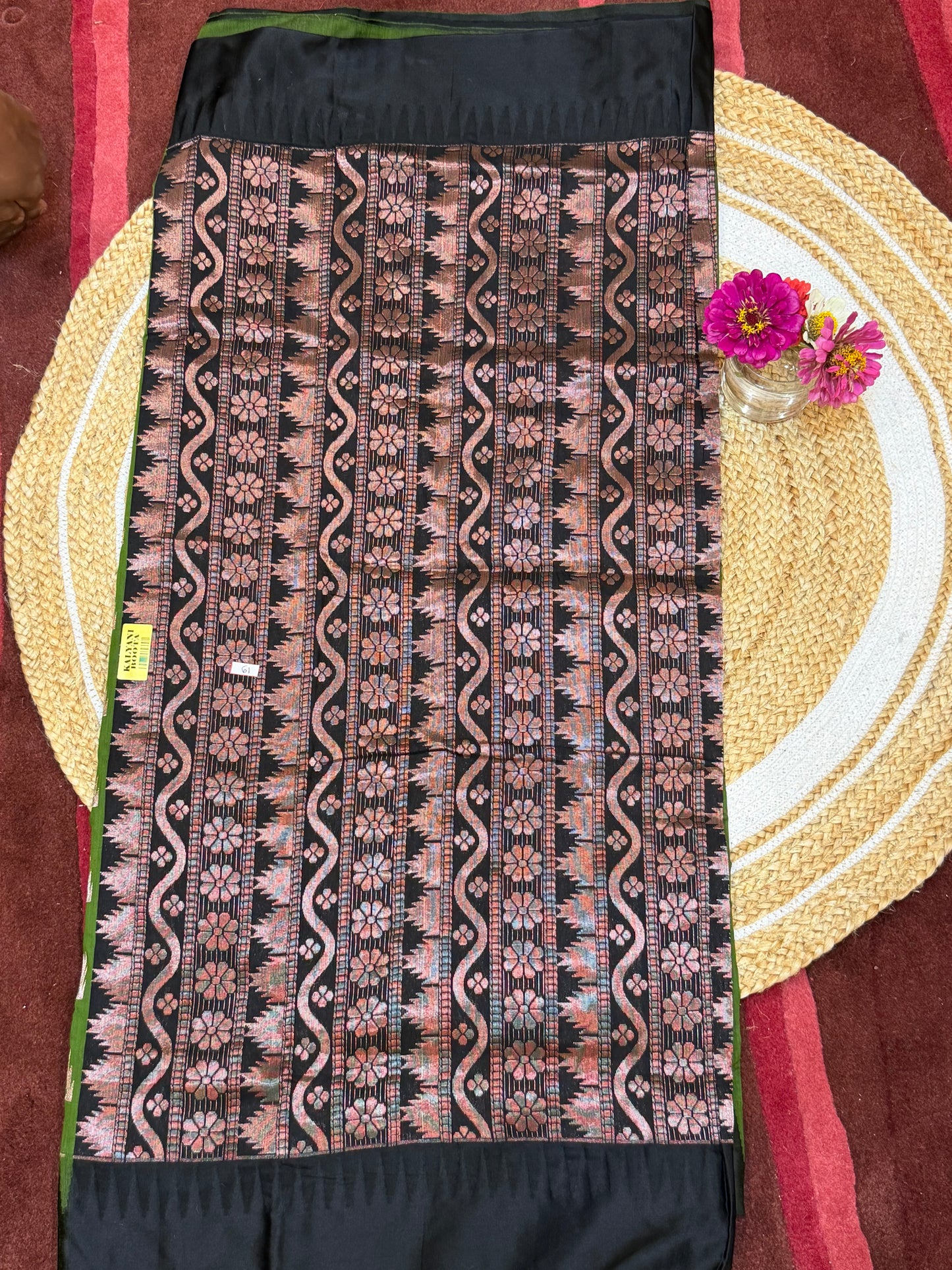 Kalyani checkered Silk Cotton Sari Indian Saree Green & Black S7