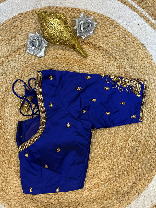 34” XS Aari Worked Sari Blouse Indian Saree Top Silk Blue B109