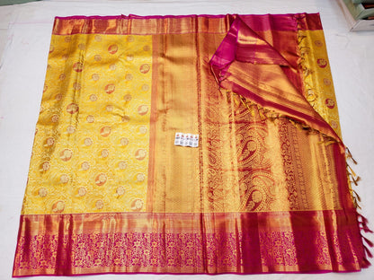 Kanchipuram Pure Silk Saree Bridal Yellow Kanjivaram Sari SPK243