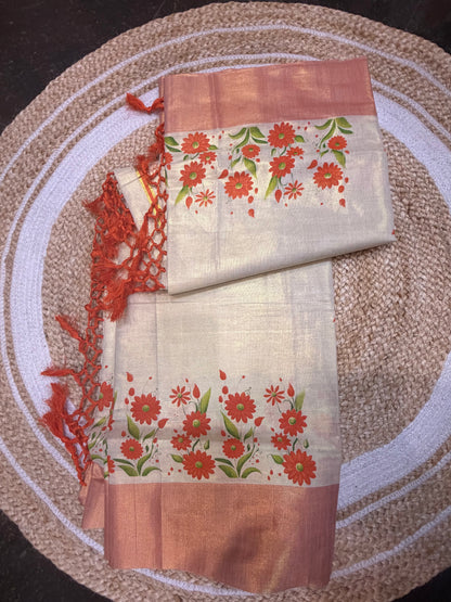 Orange Kerala Vishu Sari Indian Cream Tissue hand Printed Onam Saree C16
