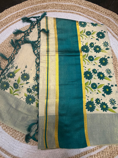 Turquoise Green Kerala Vishu Sari Indian Cream Tissue hand Printed Onam Saree C16