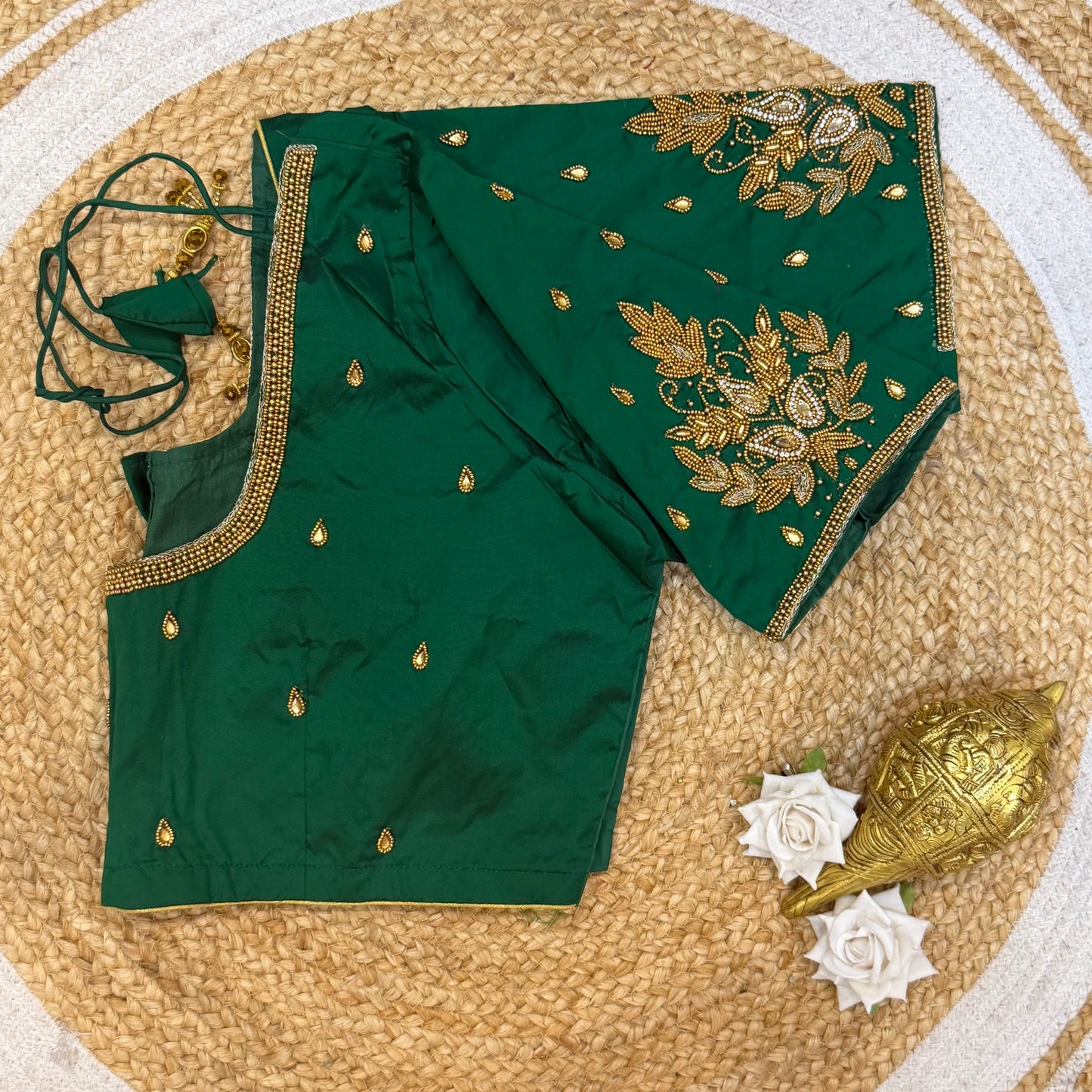 46” Size 16 Aari Worked Sari Blouse Indian Saree Top Silk Bottle Green B223