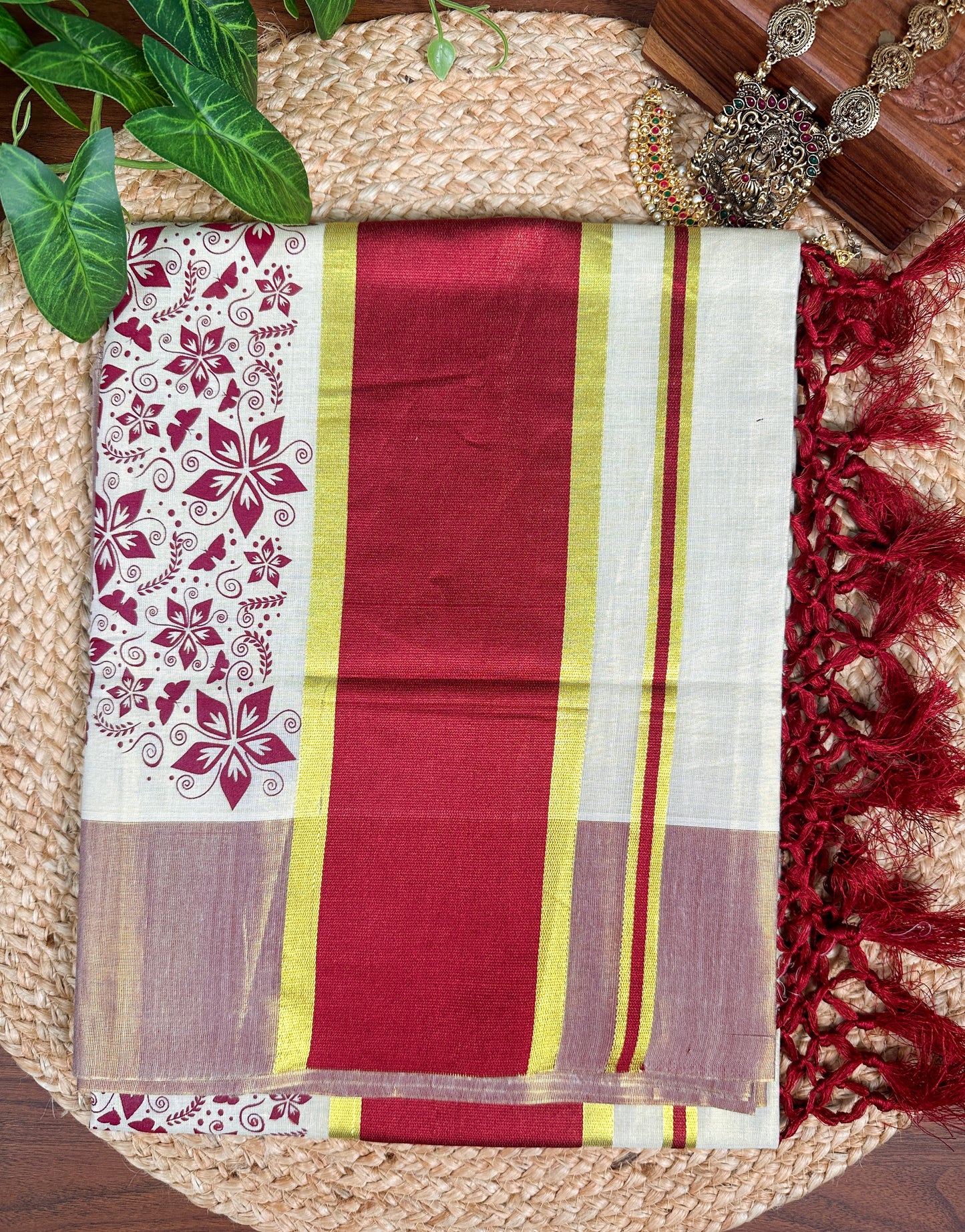Maroon Kerala Vishu Sari Indian Premium Cream Saree C7