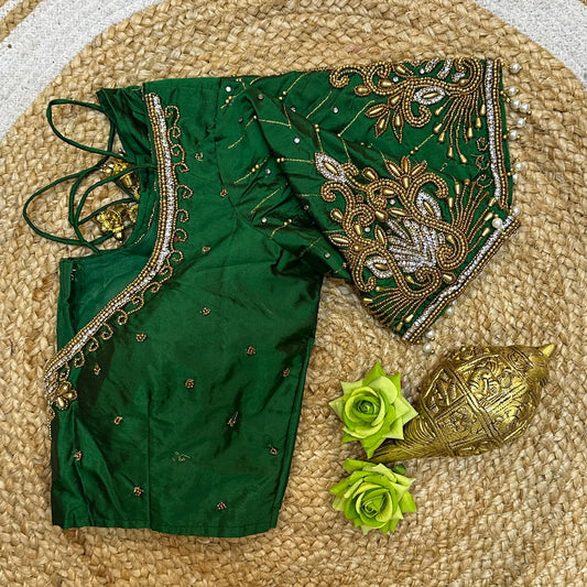 44” Size 14 Aari Worked Sari Blouse Indian Saree Top Silk Green B247