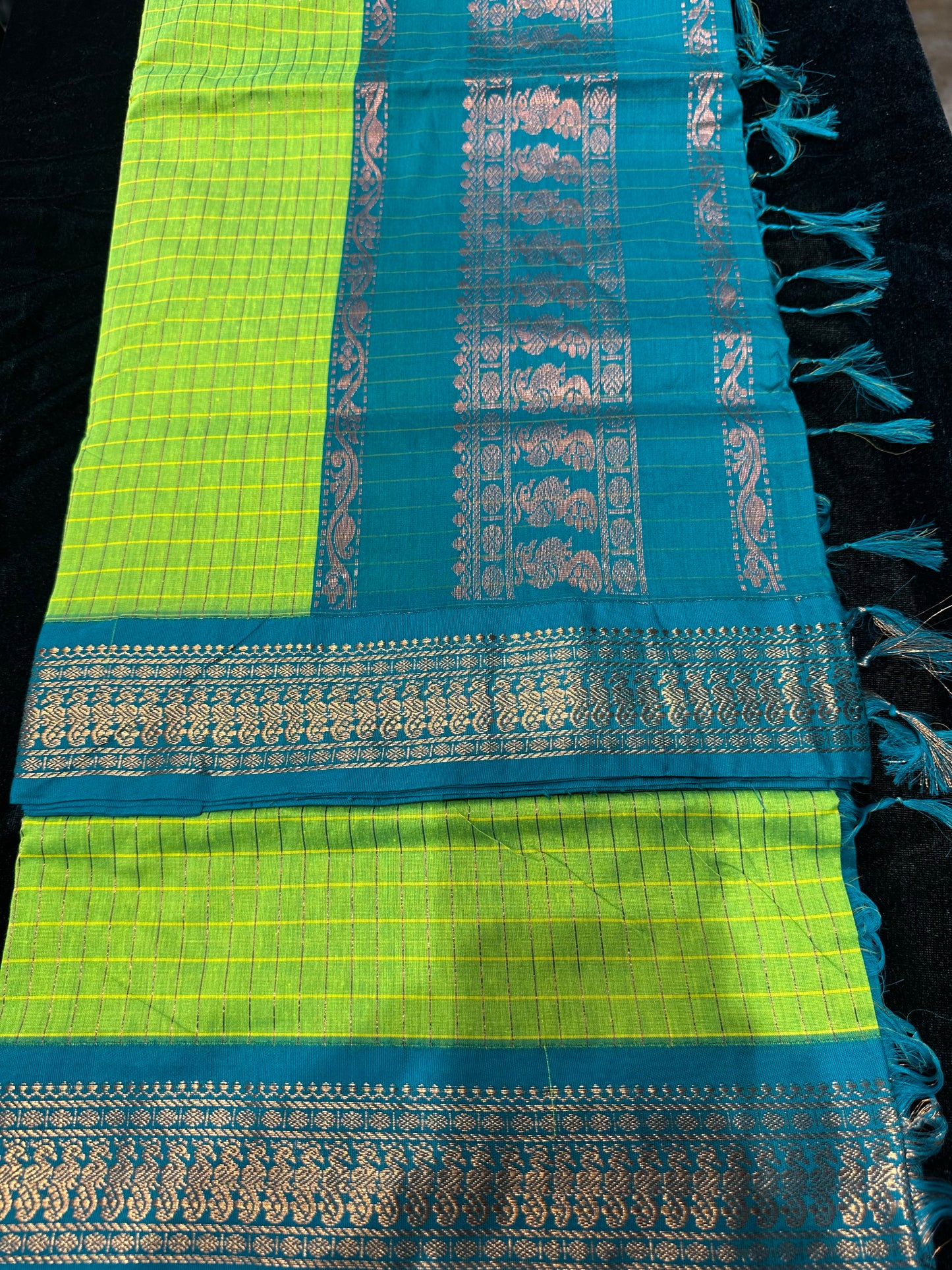 Kalyani Silk Cotton Sari Indian Saree Lime Green & Teal S53