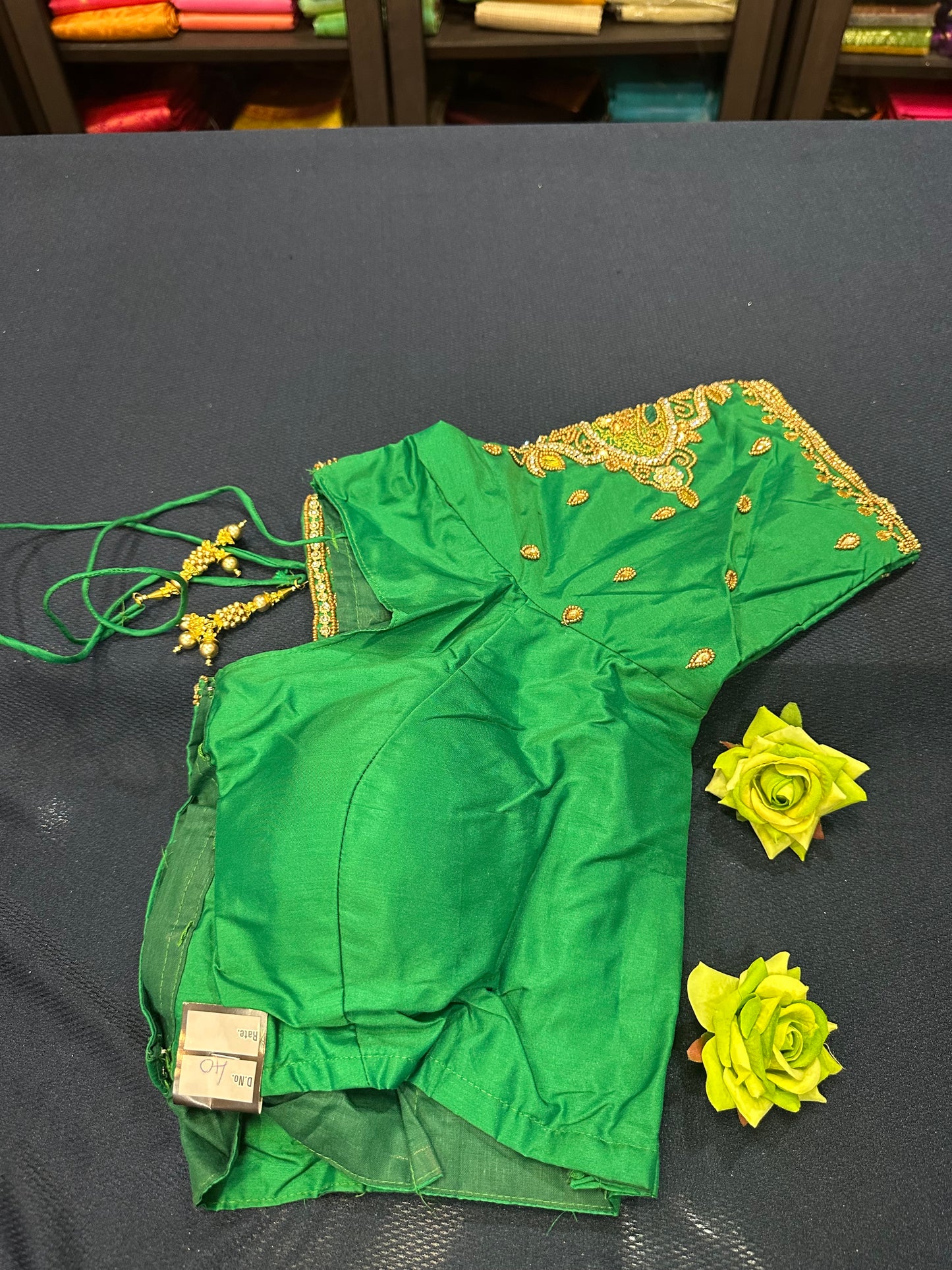 40” Aari hand Worked Sari Blouse Indian Top Choli Silk Green B5