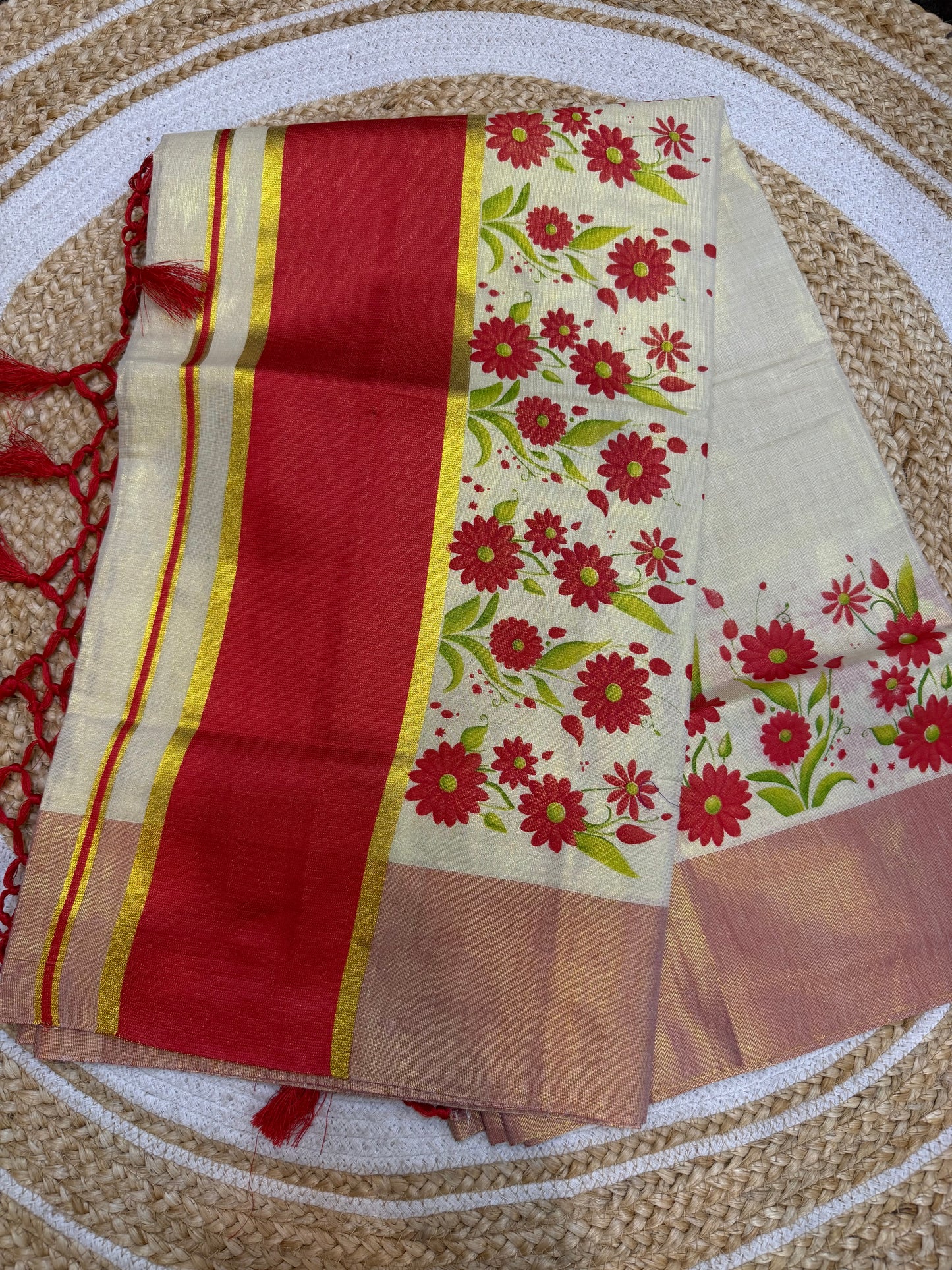 Orange Kerala Vishu Sari Indian Cream Tissue hand Printed Onam Saree C16