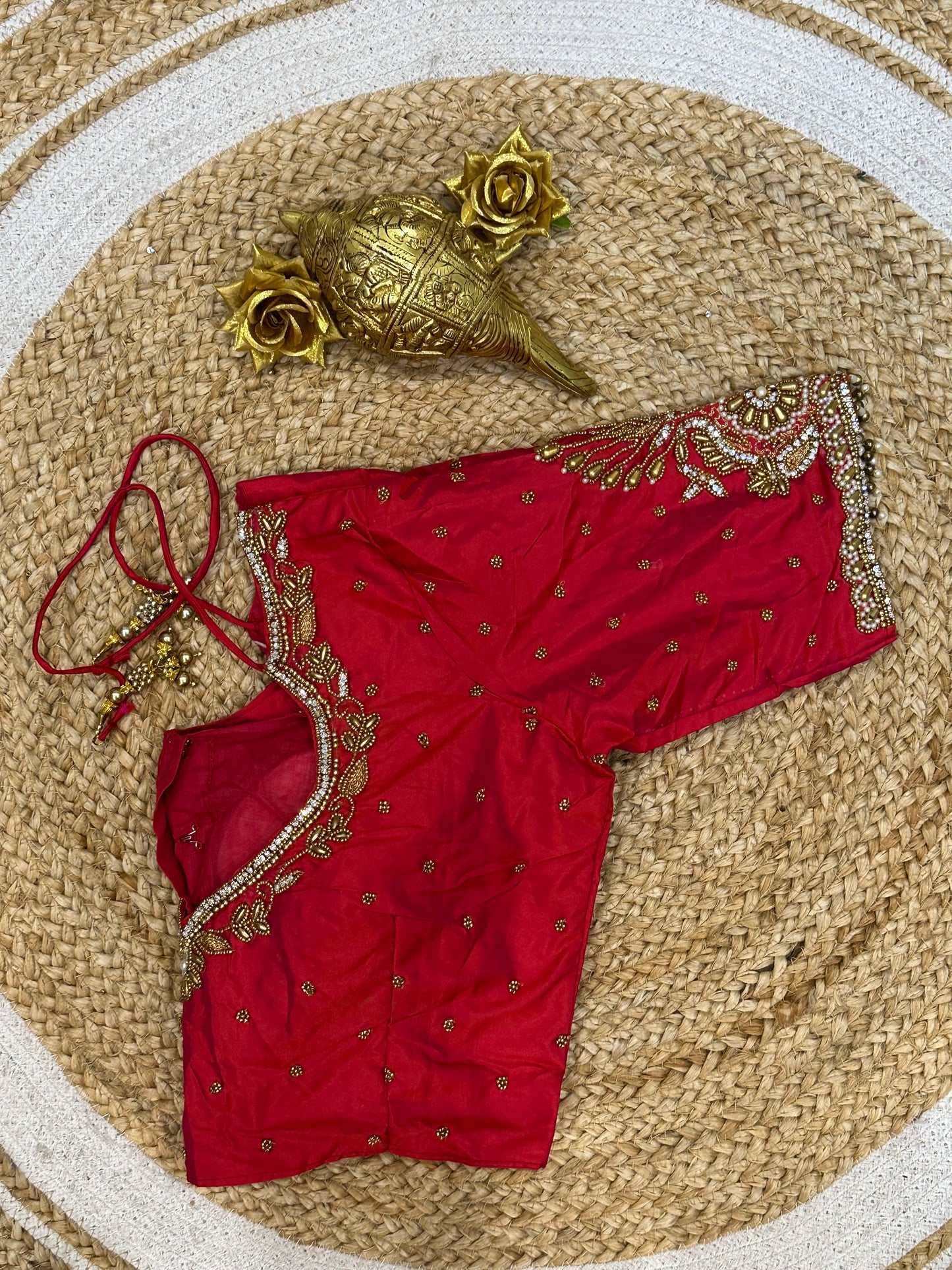 40” Size 10 Aari Worked Sari Blouse Indian Saree Top Silk Red B71