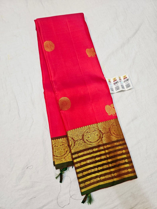 Kanchipuram Pure Silk Saree Bridal Watermelon Pink Kanjivaram Sari SPK291