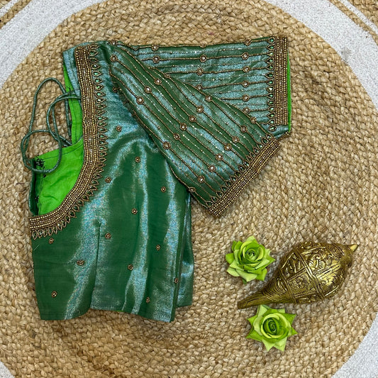 38” M Size 8 Aari Worked Sari Blouse Indian Saree Top Metallic Green B288