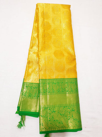 Bridal Kanchipuram Pure Silk Saree Yellow & Green Kanjivaram Sari| SPK180