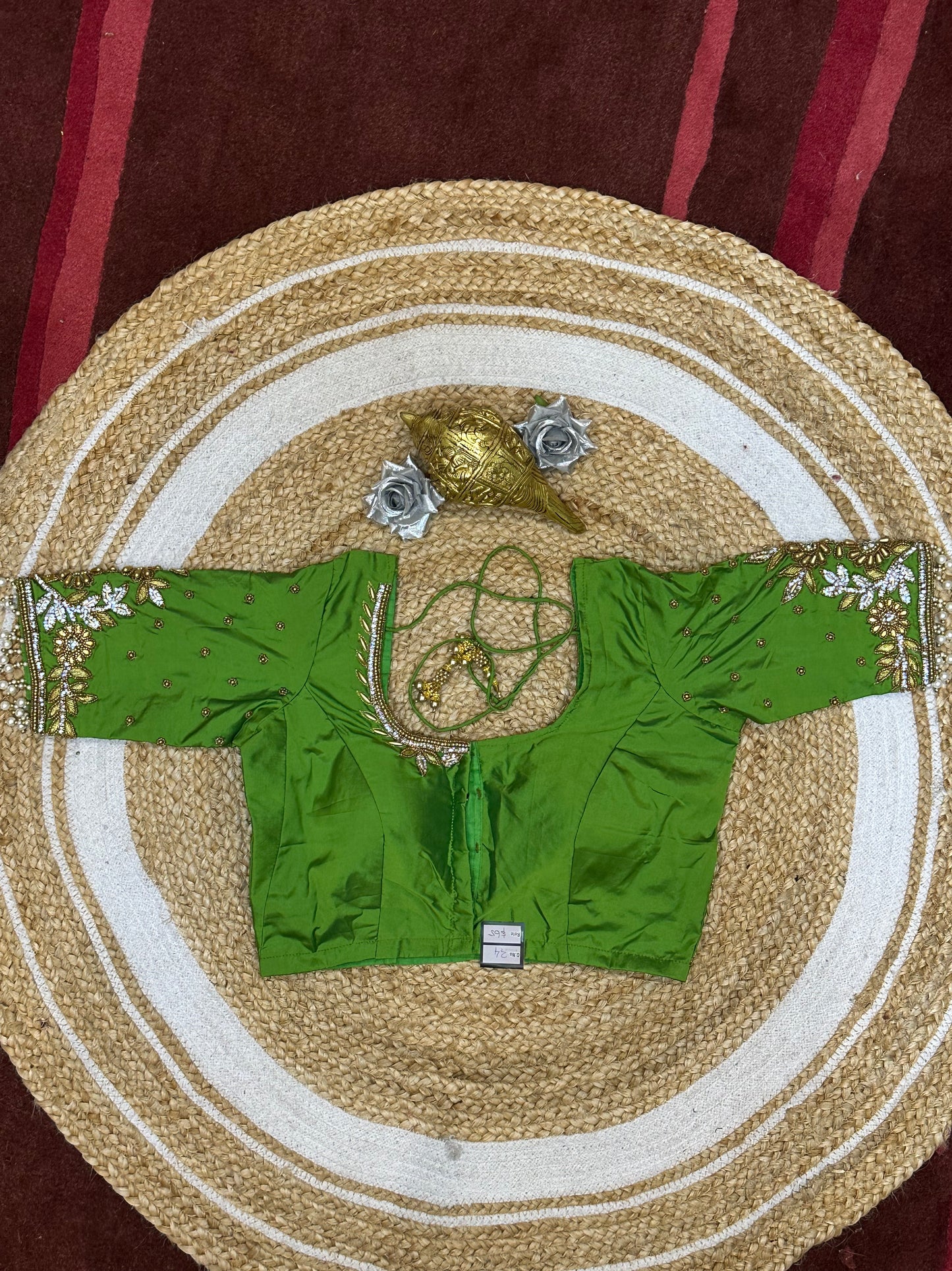 34” XSmall Aari Worked Sari Blouse Indian Saree Top Silk Apple Green B124