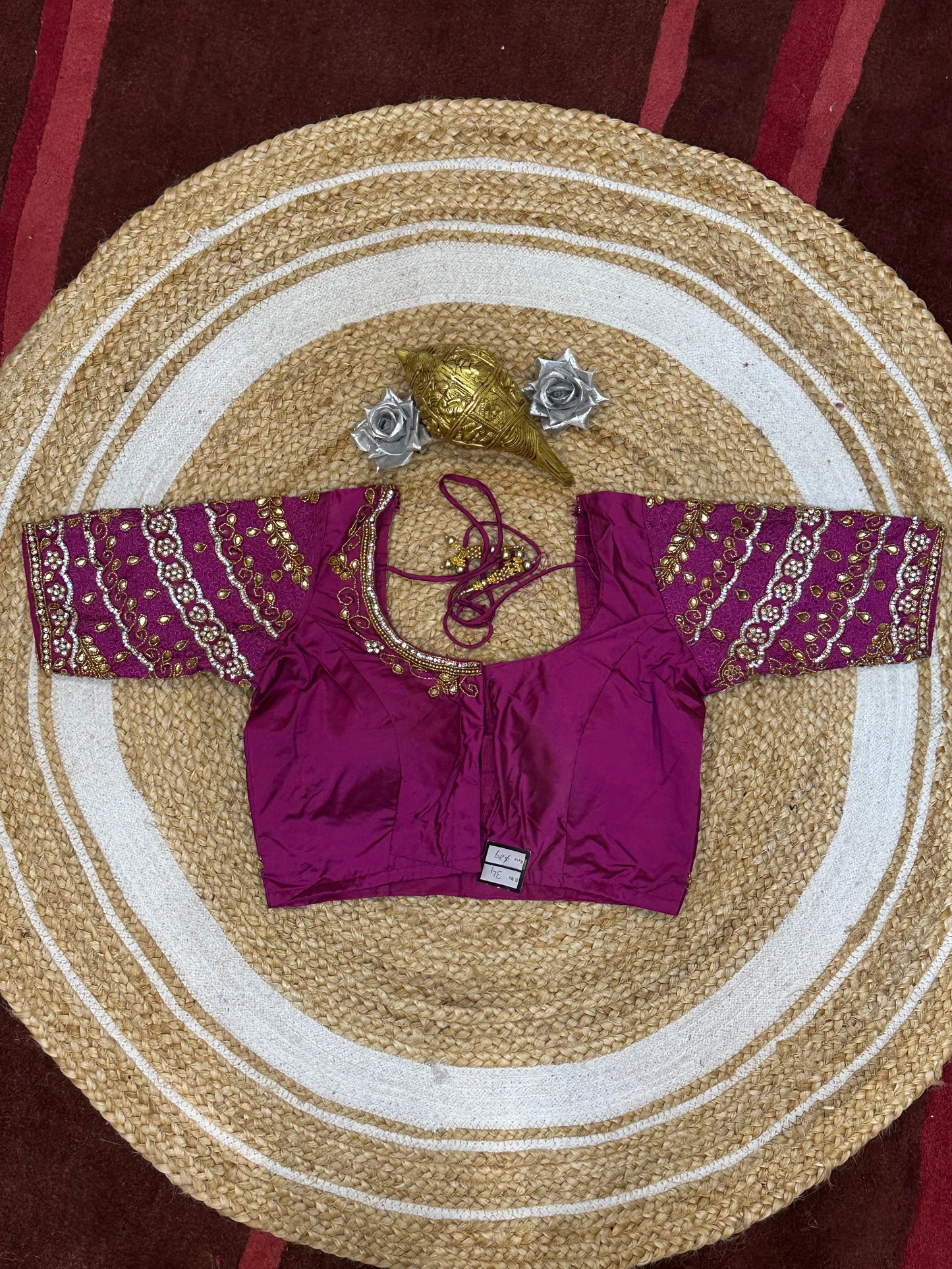 34” XS Aari Worked Sari Blouse Indian Saree Top Silk Magenta B106