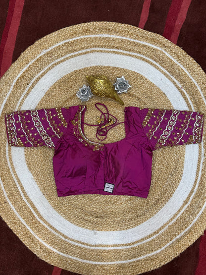 34” XS Aari Worked Sari Blouse Indian Saree Top Silk Magenta B106