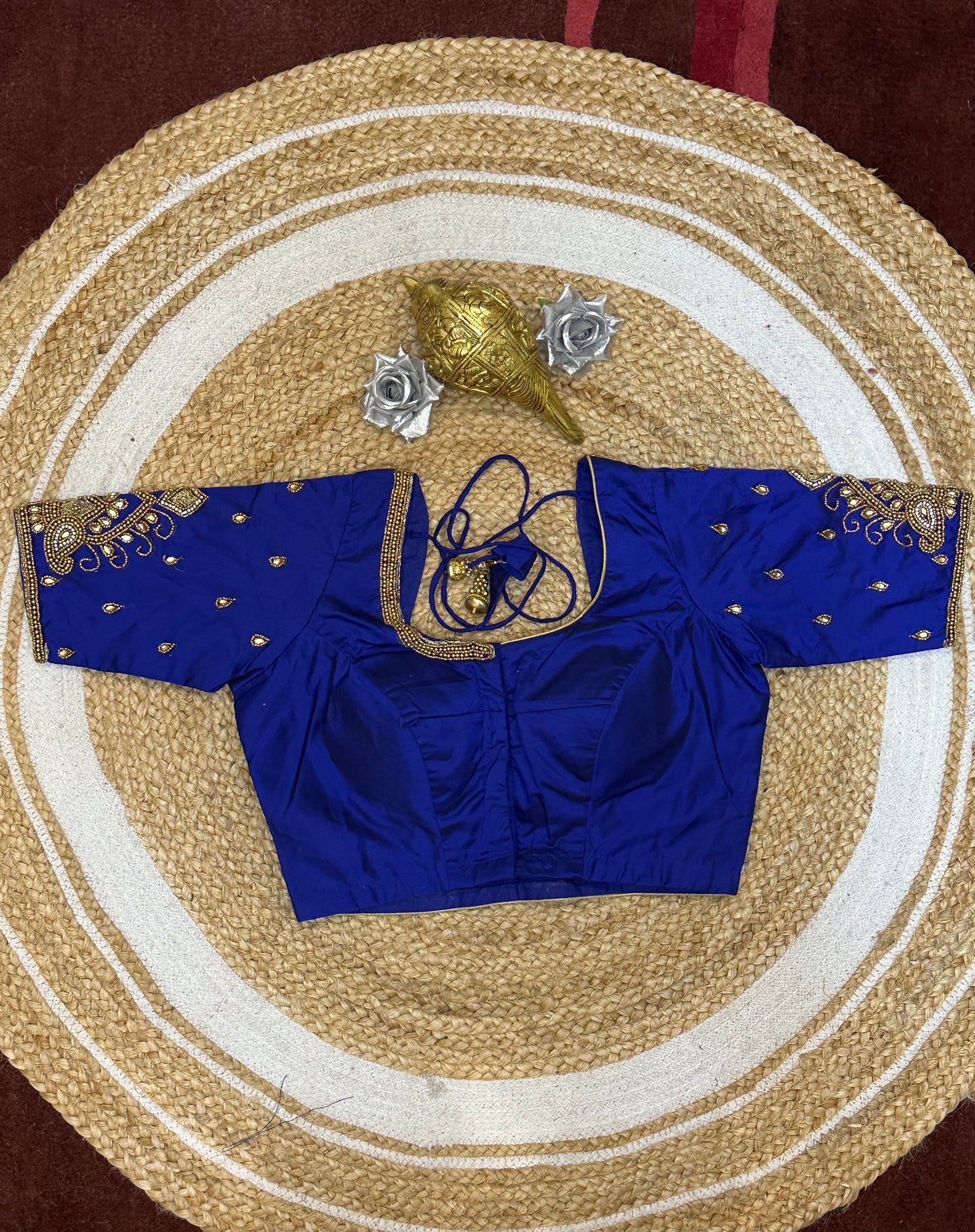 34” XS Aari Worked Sari Blouse Indian Saree Top Silk Blue B109