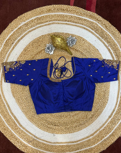 34” XS Aari Worked Sari Blouse Indian Saree Top Silk Blue B109