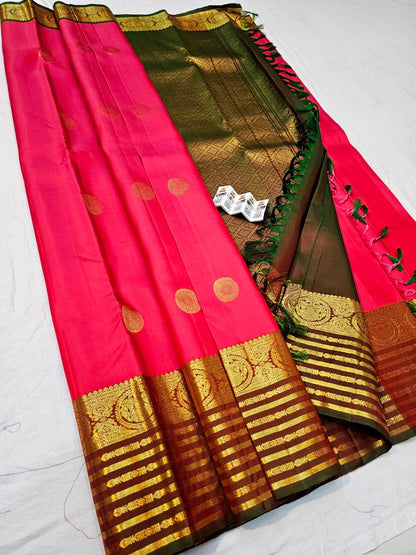 Kanchipuram Pure Silk Saree Bridal Watermelon Pink Kanjivaram Sari SPK291