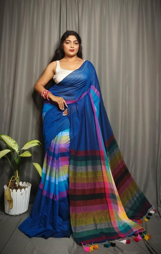 MUL Cotton Blue Rainbow Sari Indian casual Saree C25