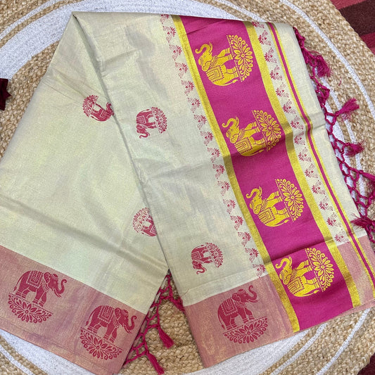 Pink Elephant Kerala Vishu Sari Indian Cream Tissue Saree C7