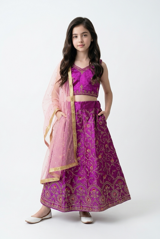 28” Size Age 5 to 6 Magenta Purple Indian Lehenga Pavadai Sattai Skirt Top Lahenga G81