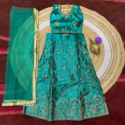 28” Size Age 5 to 6 Green Indian Lehenga Pavadai Sattai Skirt Top Lahenga G81