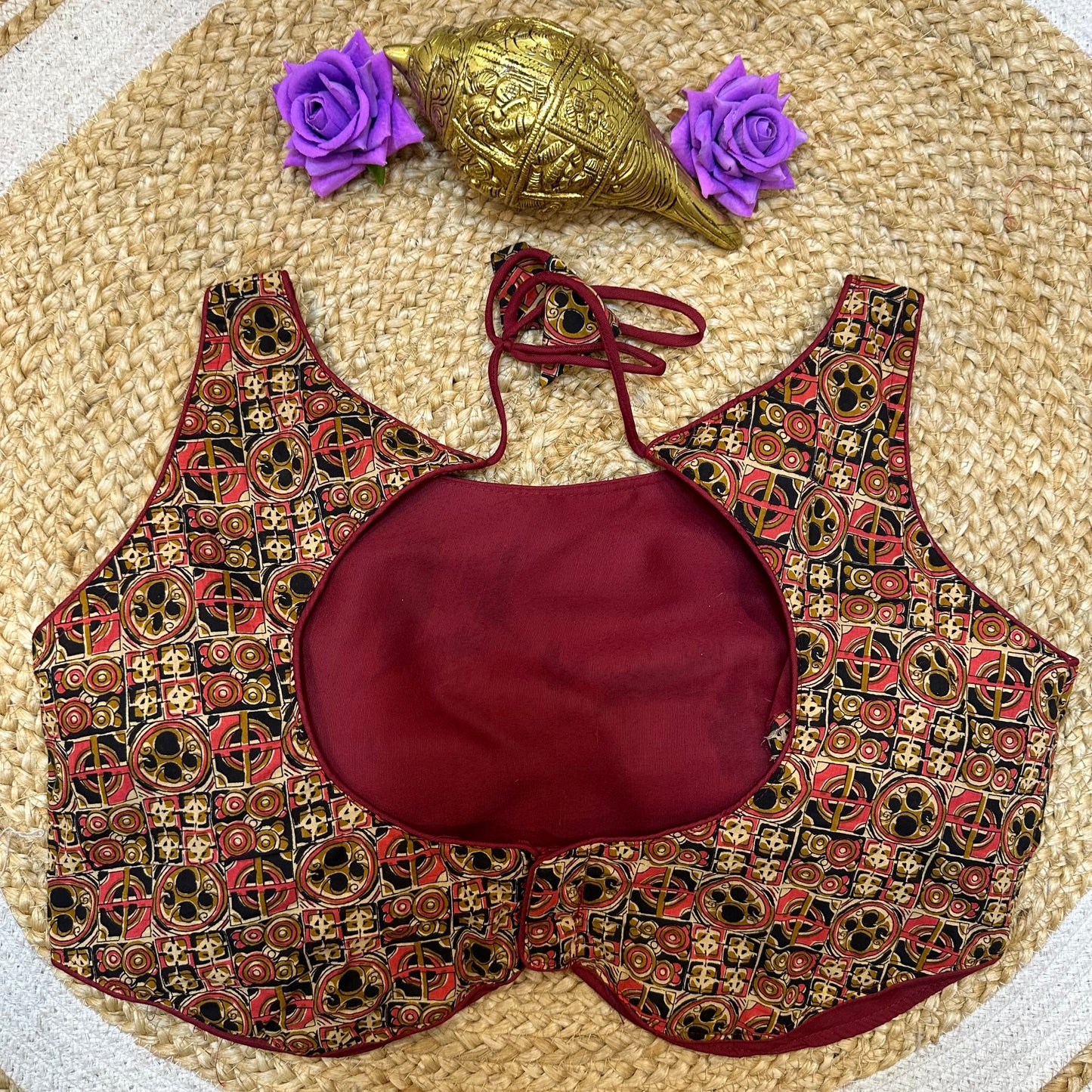 Maroon Cotton Kalamkari 38” Medium Sari Blouse Indian Saree Top B409