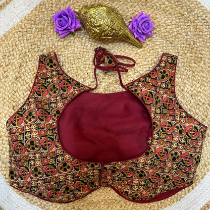 Maroon Cotton Kalamkari 38” Medium Sari Blouse Indian Saree Top B409