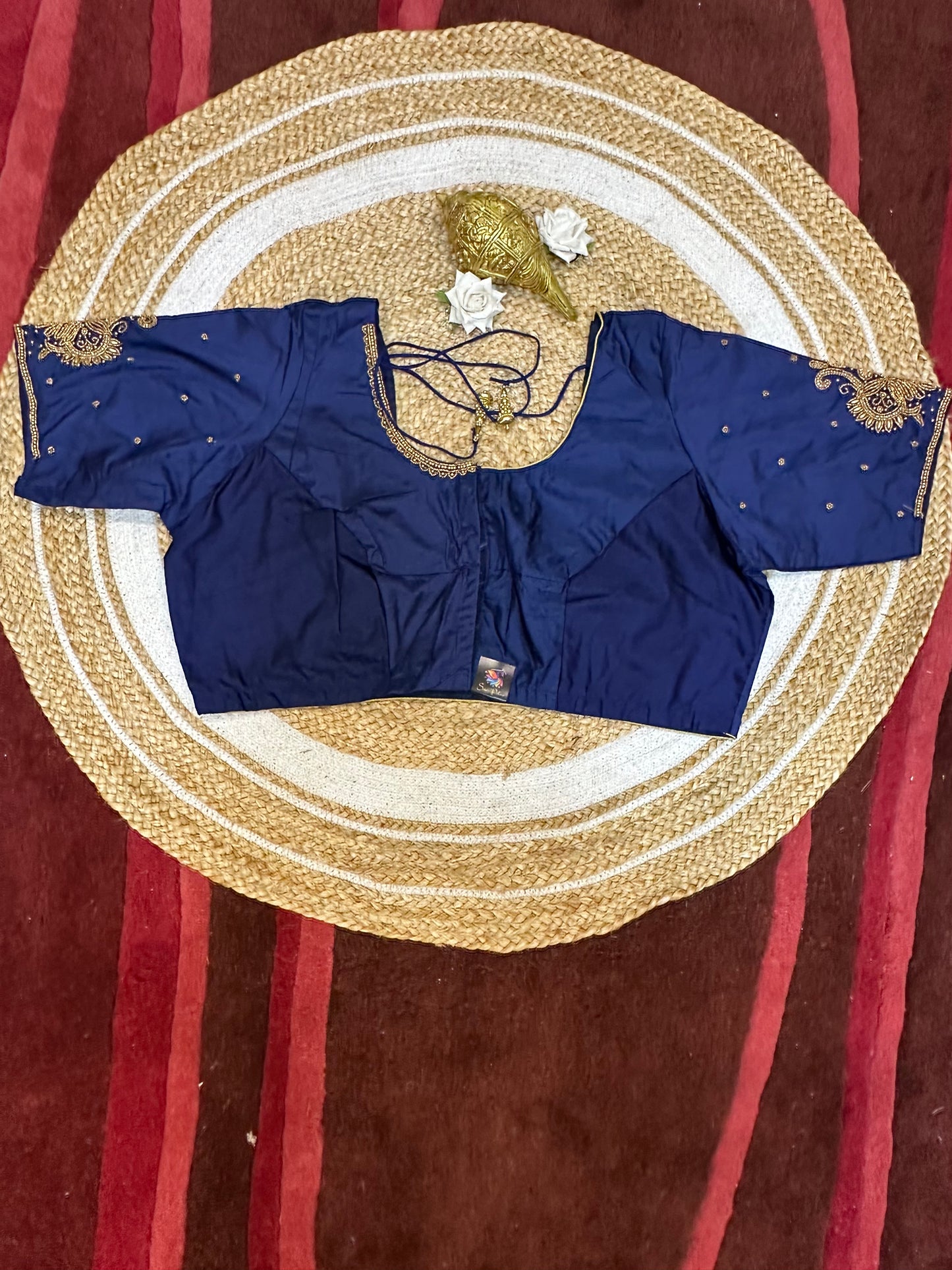 50” Size 20 Aari Worked Sari Blouse Indian Saree Top Silk Blue B61