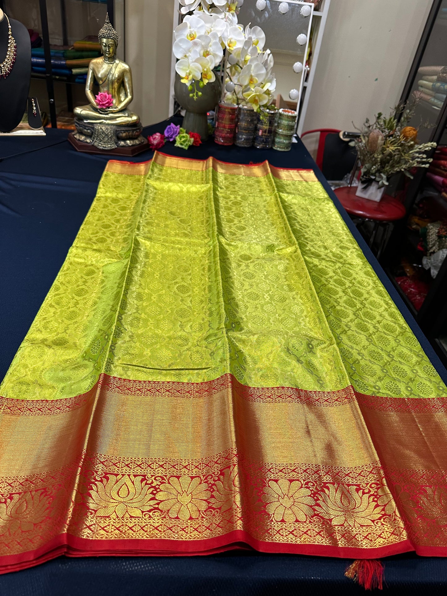 Tissue Bridal Kanchipuram Pure Silk Saree Greenish Yellow & Red Kanjivaram Sari| SPK090