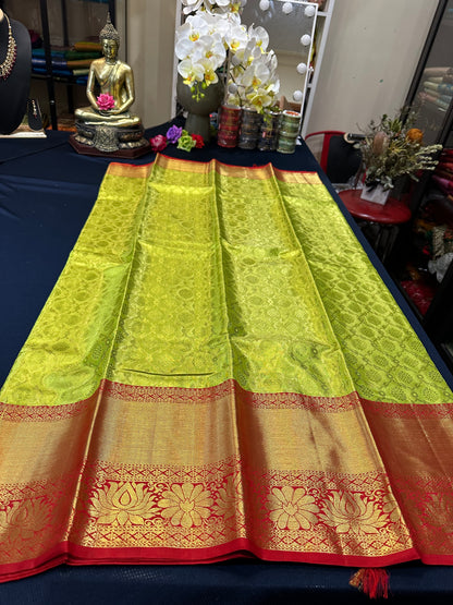 Tissue Bridal Kanchipuram Pure Silk Saree Greenish Yellow & Red Kanjivaram Sari| SPK090