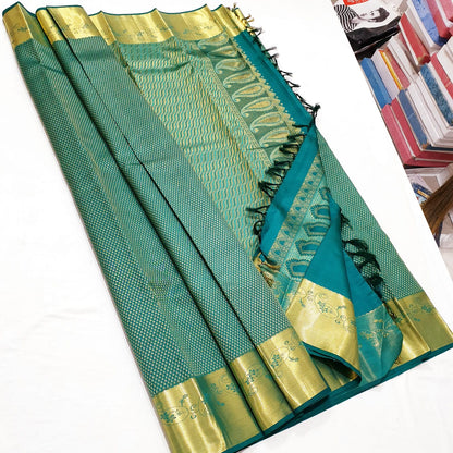 Bridal Kanchipuram Pure Silk Saree Green & Gold Kanjivaram Sari| SPK159