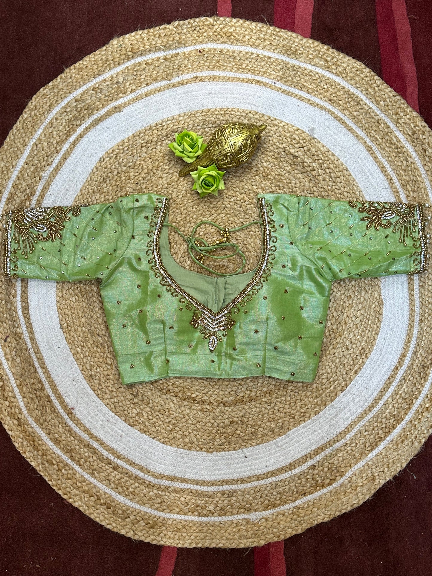 36” Small size Aari Worked Sari Blouse Indian Saree Metallic Green B201