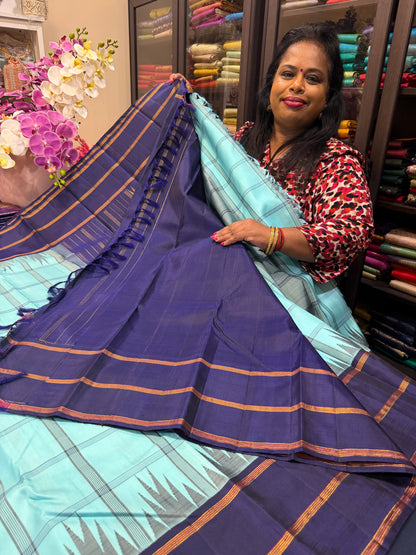 2g Gold Kanchipuram Pure Silk Saree Blue Vintage Kanjivaram Sari SPK212