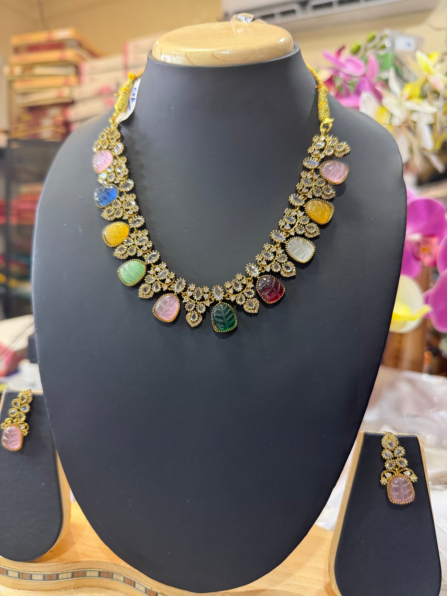 Indian Brass Necklace & Earrings Jewellery Set Multi N62