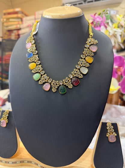 Indian Brass Necklace & Earrings Jewellery Set Multi N62