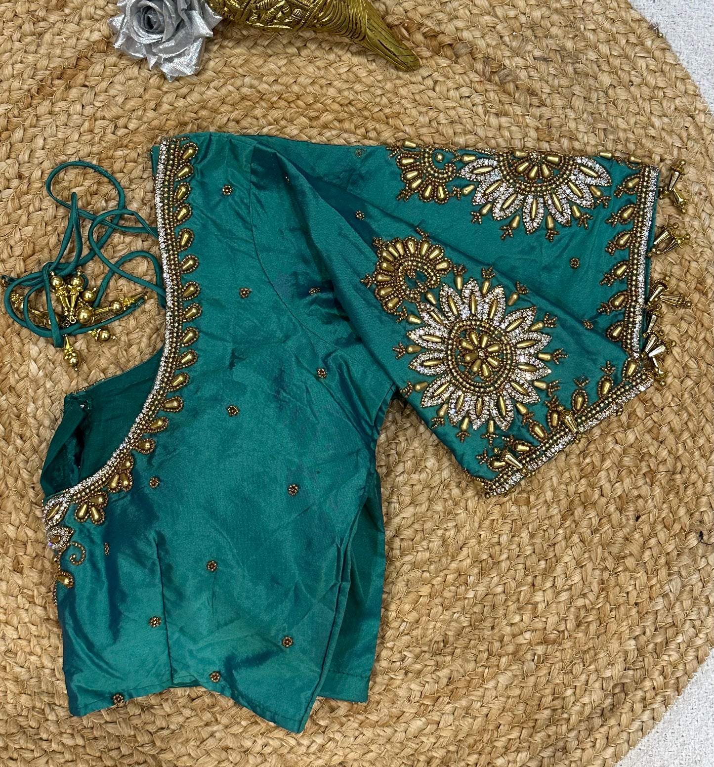 34” XS Aari Worked Sari Blouse Indian Saree Top Silk Turquoise B119