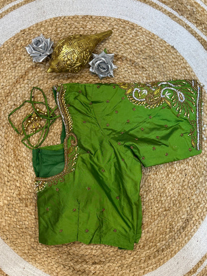 44” Size 14 Aari Worked Sari Blouse Indian Saree Top Silk Green B138