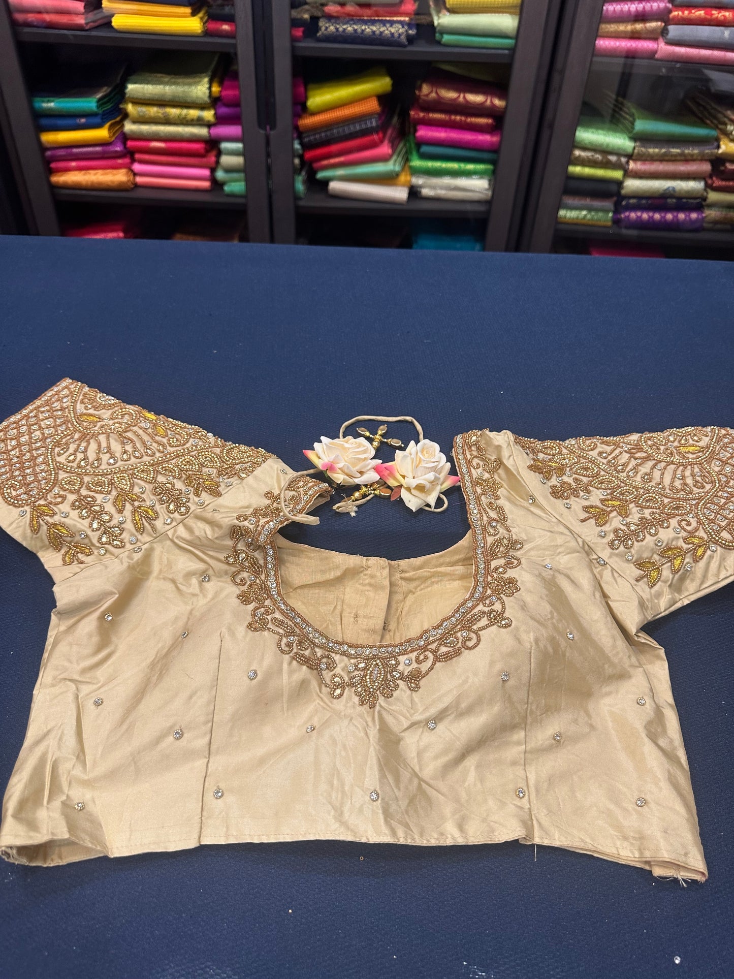 40” Aari hand Worked Sari Blouse Indian Top Choli Silk Gold B7