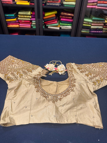 40” Aari hand Worked Sari Blouse Indian Top Choli Silk Gold B7