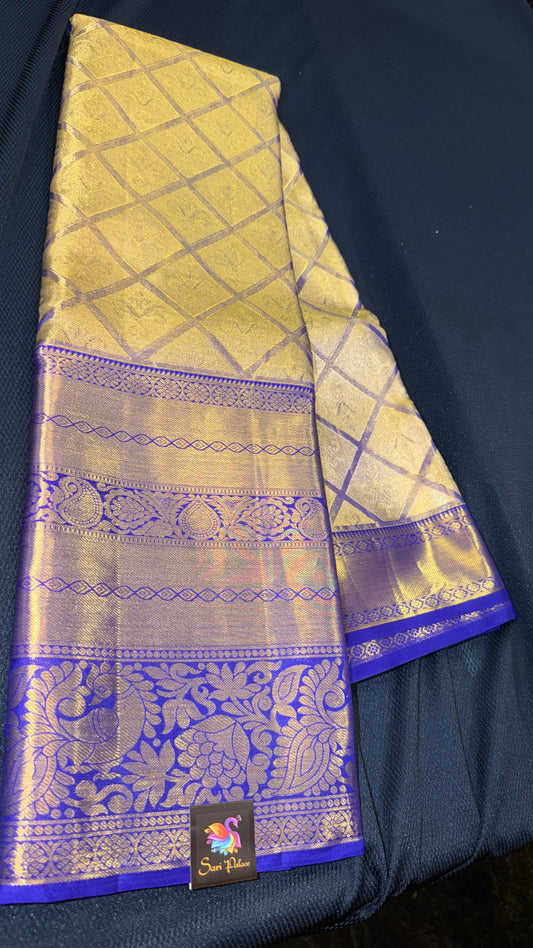 Kanchipuram Tissue Bridal Pure Silk Saree with Gold Zari Blue & Gold Sari| SPK098