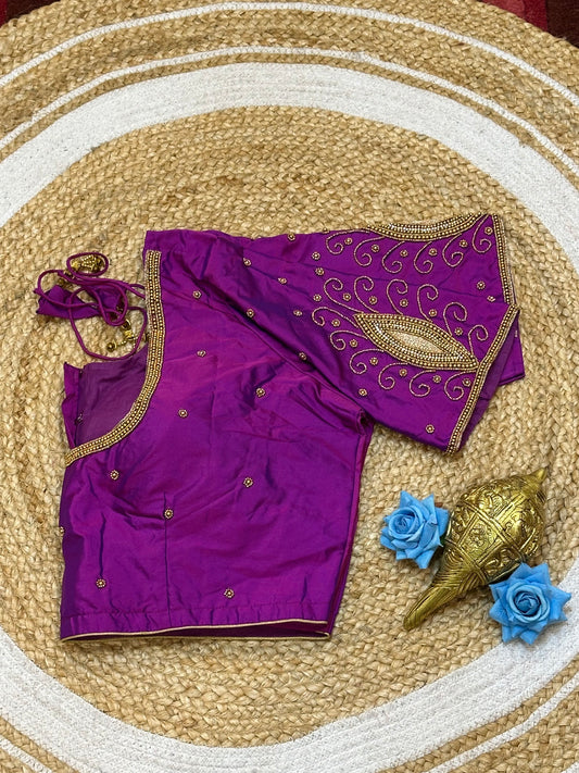 46” Size 16 Aari Worked Sari Blouse Indian Saree Top Silk Magenta B190