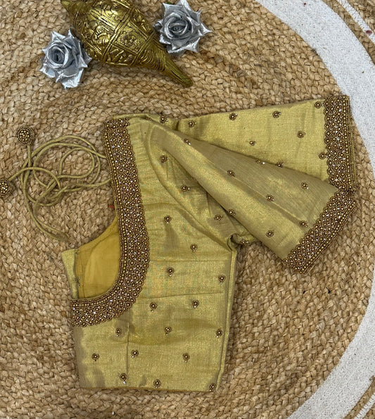 34” XS Aari Worked Sari Blouse Indian Saree Top Silk Gold B104