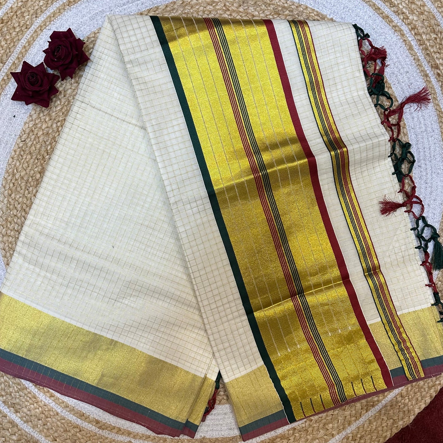 Kerala Vishu Sari Indian hand Printed Kasavu Onam Saree C36 Col 6