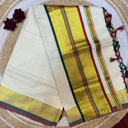 Kerala Vishu Sari Indian hand Printed Kasavu Onam Saree C36 Col 6