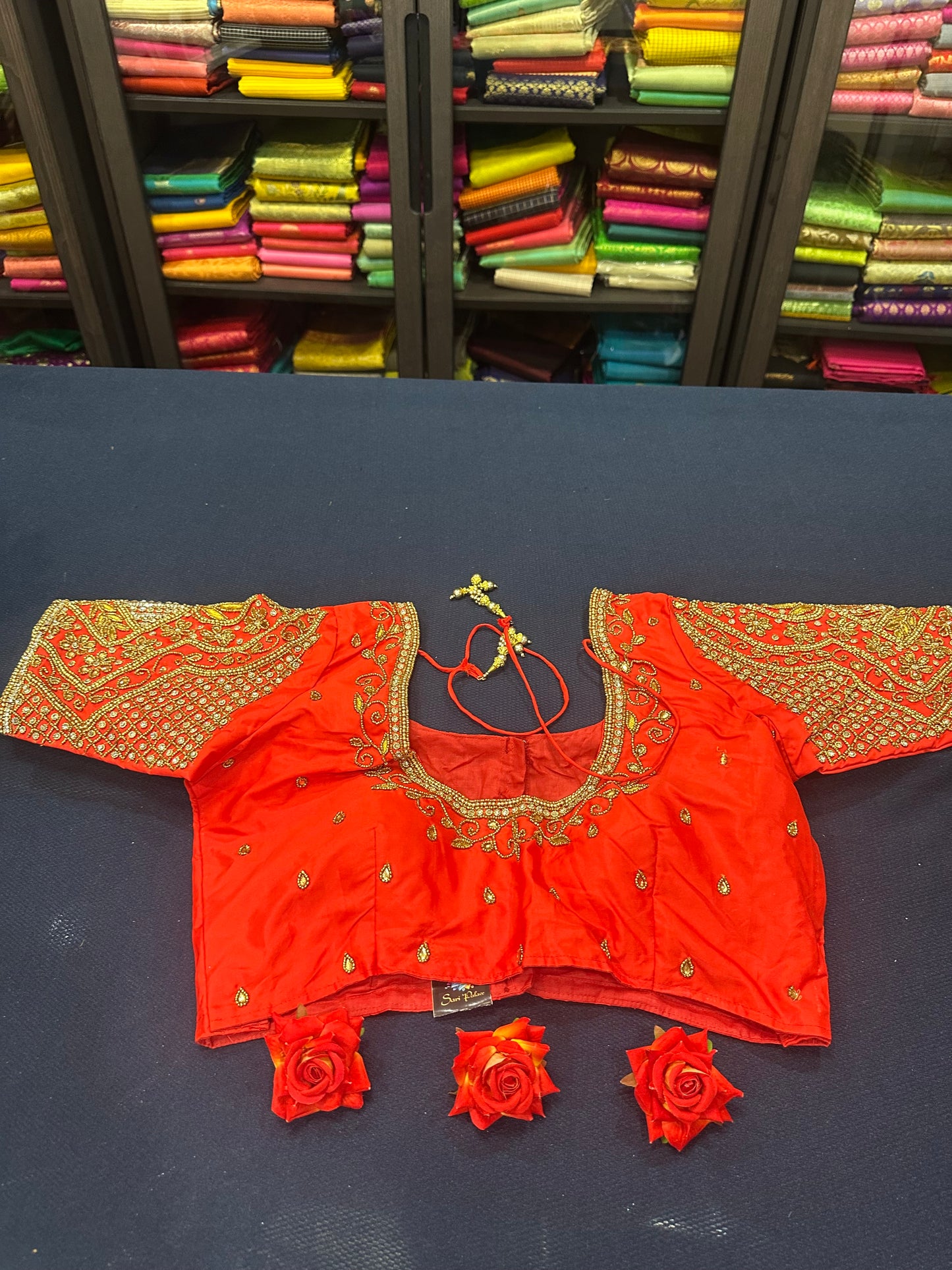 40” Aari hand Worked Sari Blouse Indian Top Choli Silk Red B18